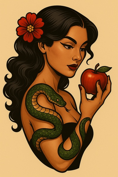 Woman with Snake Tattoo Holding an Apple