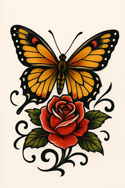 Vibrant Tattoo Design Featuring Butterfly and Rose