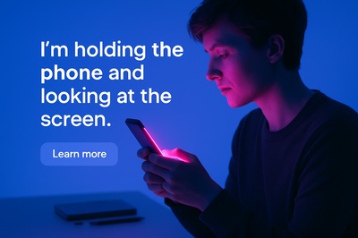 Person with Phone Emitting Neon Glow in Blue Background