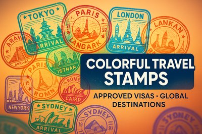 Vibrant Travel Stamp Collage Representing Global Destinations