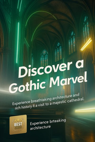 Dynamic Neon Cathedral Scene with Engaging Text Elements