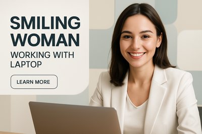 Professional Office Portrait of a Smiling Woman Working on Laptop