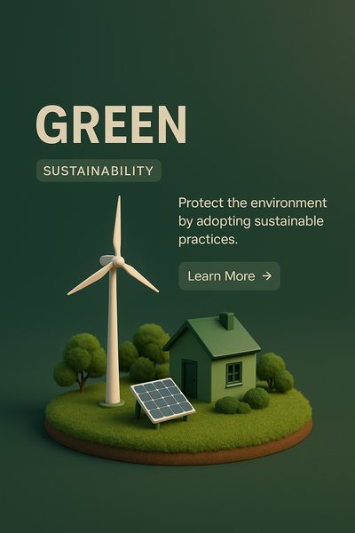 3D Green Sustainability Scene with Wind Turbine and Solar Panels