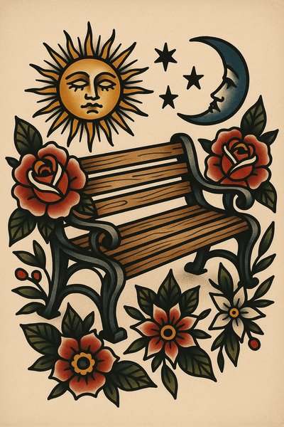 Artistic Illustration of a Bench Surrounded by Floral Elements