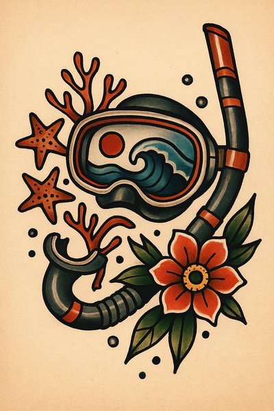 Vintage-style scuba diving illustration with coral and flowers