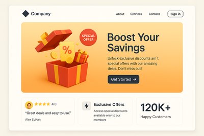 Landing Page Design Featuring Promotional Offer and Customer Testimonials