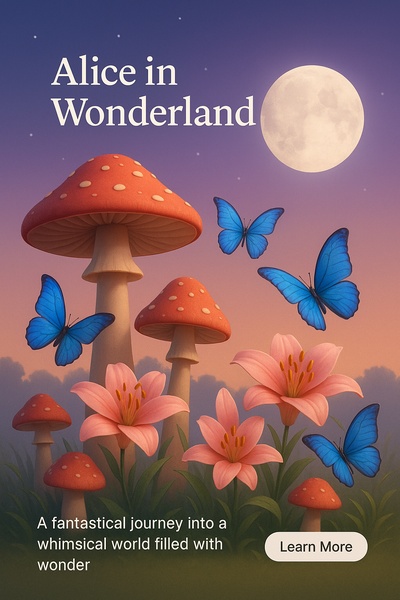 Whimsical Wonderland Landscape with Mushrooms and Butterflies