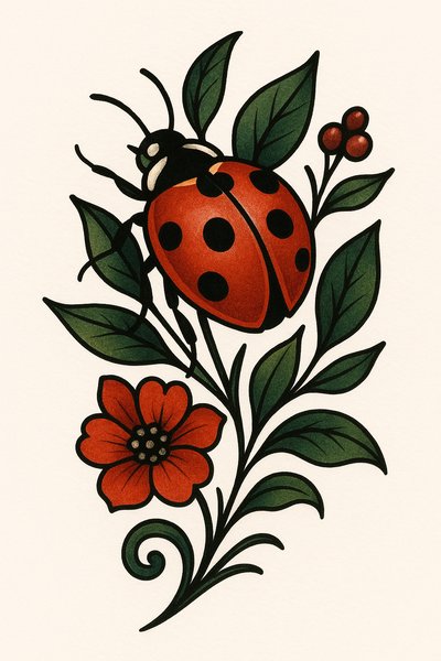 Colorful Botanical Illustration Featuring a Ladybug