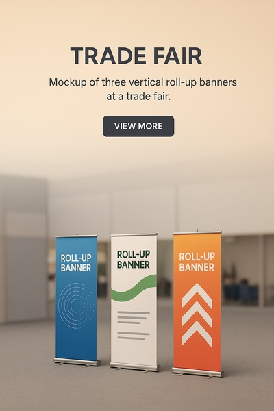 Realistic Mockup of Vertical Roll-Up Banners at a Trade Fair