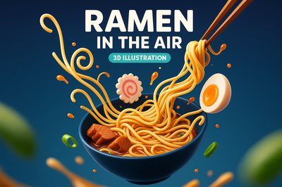 Dynamic 3D Illustration of Ramen in the Air