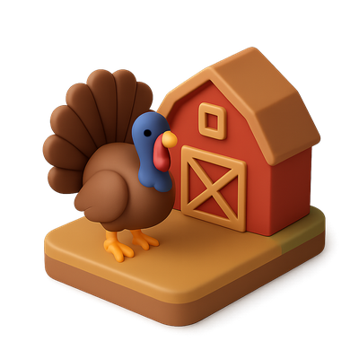 3D Turkey Icon with Barn in Isometric View