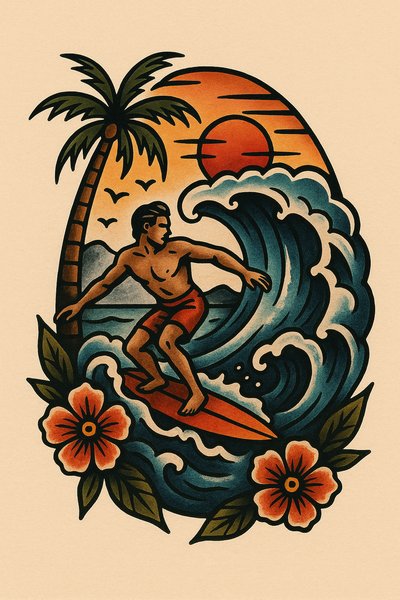 Vibrant Surfing Illustration with Tropical Elements