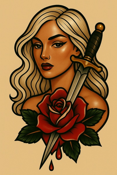 Stylized Tattoo of a Woman with a Rose and Dagger