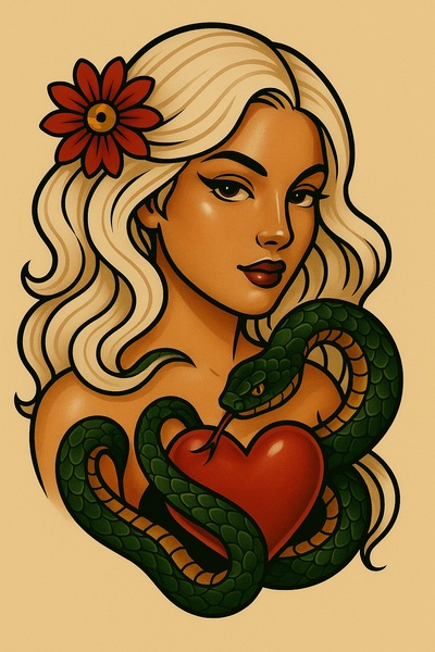 Stylized Tattoo Art Featuring Woman and Snake