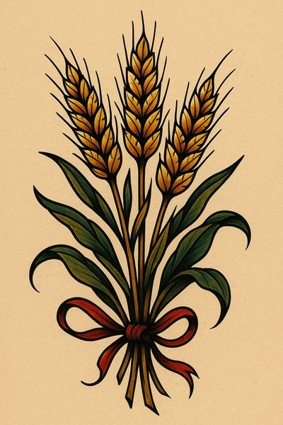 Artistic Illustration of Wheat Sheaves with Ribbon