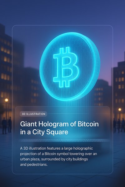 Giant Bitcoin Hologram in Urban Plaza