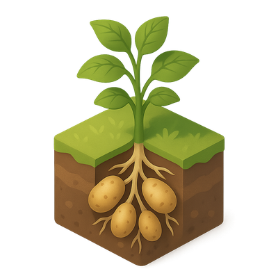 Stylized 3D Icon of a Potato Field with Roots and Leaves
