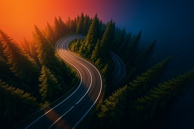 Winding Mountain Road Through Lush Green Forest