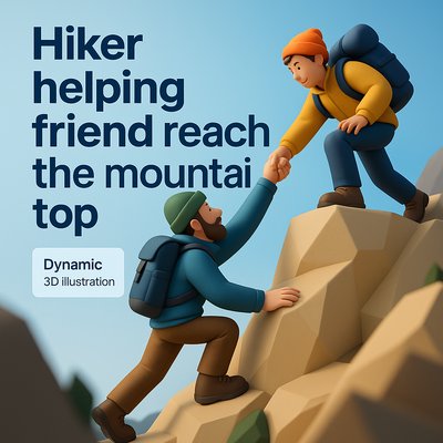 3D Illustration of Hikers Reaching Mountain Top Together
