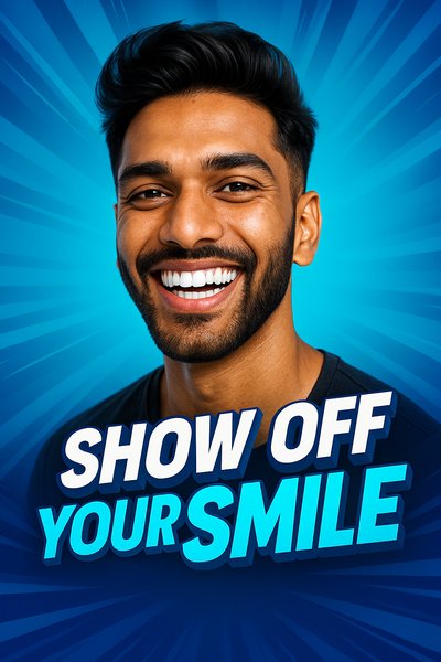 Dynamic Dental Advertisement Featuring Smiling Indian Man