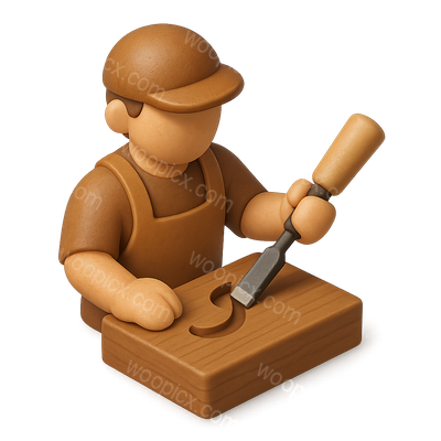 3D Woodcarver Icon with Chisel and Block