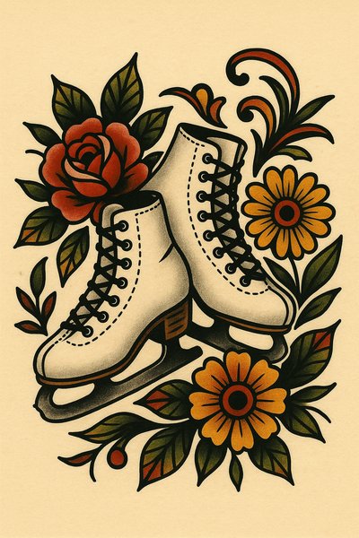 Vintage-style illustration of roller skates with floral motifs
