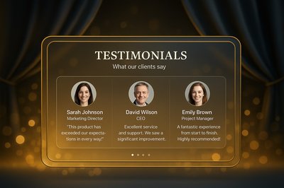 Elegant Testimonials Section with Gold Stage Backdrop