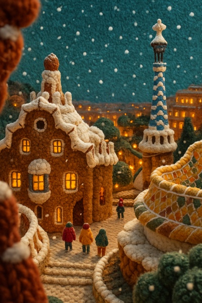 Whimsical Knit Scene of Park Güell in Barcelona