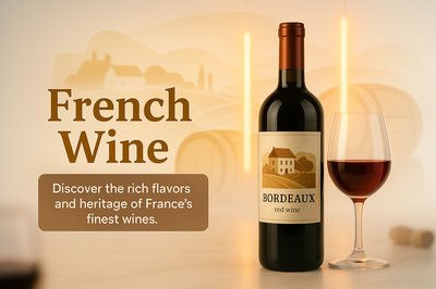Elegant French Wine Promotional Image Featuring Bordeaux Bottle