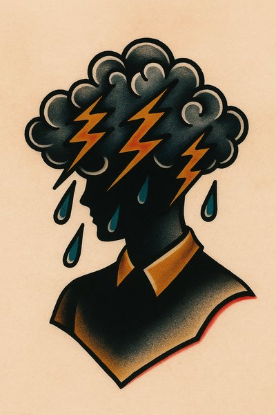 Storm Cloud Tattoo Silhouette with Lightning and Raindrops