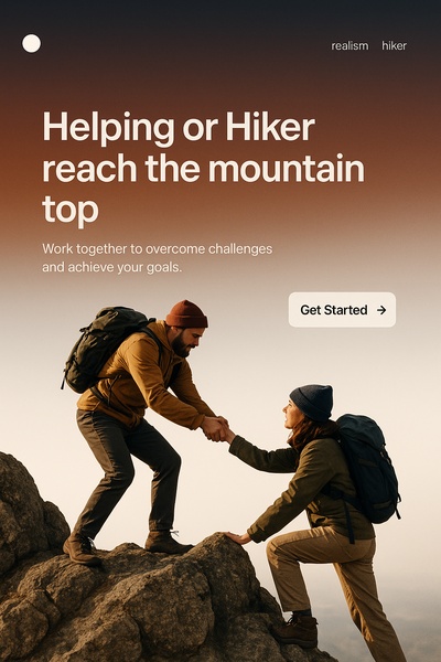 Hiker Assisting Friend to Summit Mountain - Realistic Illustration
