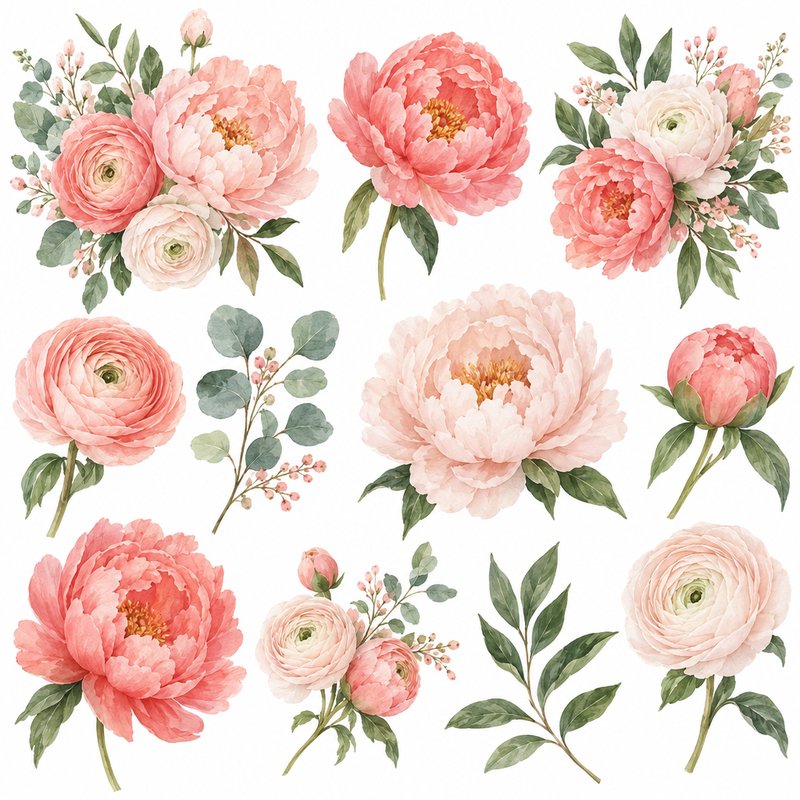 watercolor peony bouquet elements