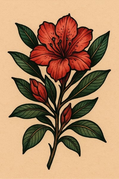 Illustration of a Vibrant Red Flower with Green Leaves