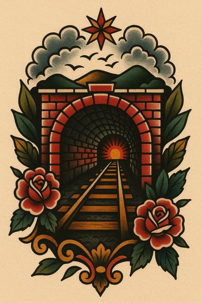 Vintage Tattoo Style Tunnel with Roses and Sun