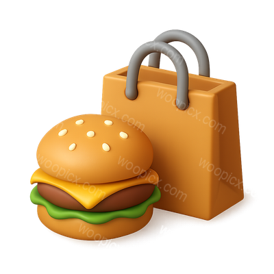 3D Burger Icon with Shopping Bag in Isometric View