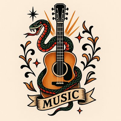 Vintage-Inspired Music and Snake Tattoo Art
