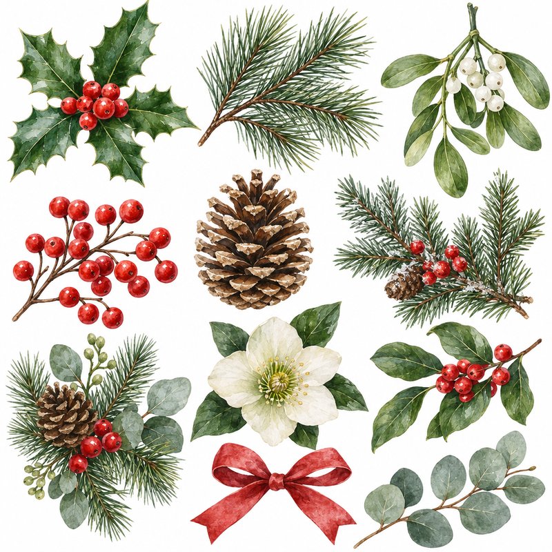 watercolor christmas botanical elements