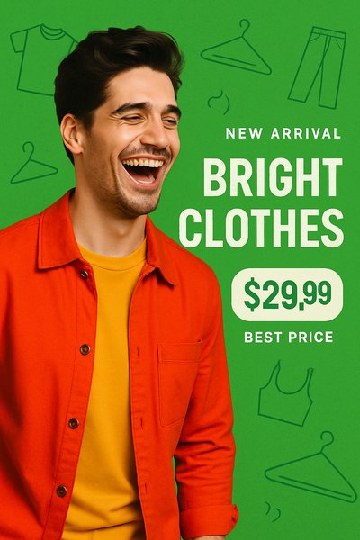Vibrant Advertisement Featuring a Laughing Man in Bright Clothes