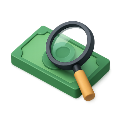 3D Magnifying Glass Over a Banknote Icon