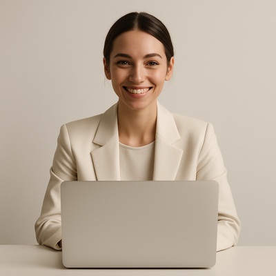 Smiling Woman in Minimalist Style with Laptop