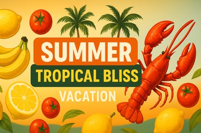 Vibrant Tropical Vacation Graphic with Fruits and Lobster