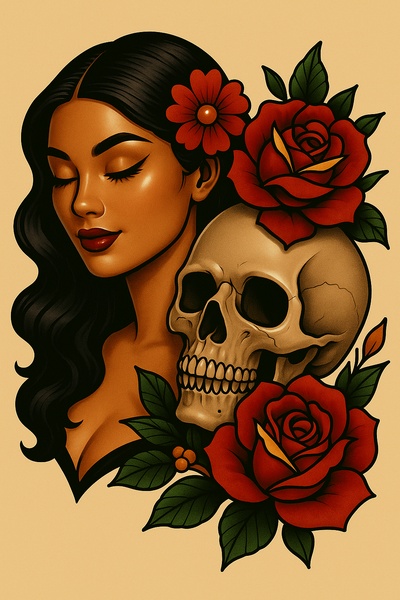 Stylized Tattoo Art of a Woman with Skull and Roses