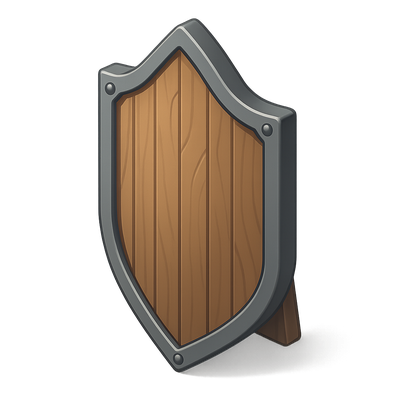 Stylized 3D Wooden Shield Icon with Metallic Accents