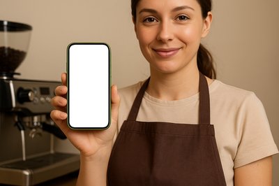 Barista Holding Green Phone with Blank Screen