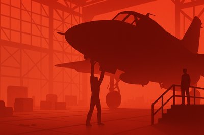 Silhouette of Aircraft in Hangar with Dramatic Red Lighting