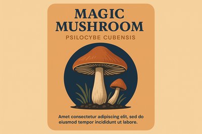 Stylized Magic Mushroom Illustration with Text Elements