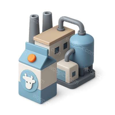 Stylized 3D Dairy Factory Icon with Milk Carton