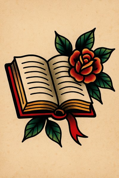 Vintage tattoo style illustration of an open book with a rose