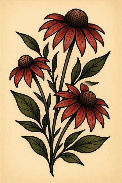 Stylized botanical illustration of red flowers and green leaves