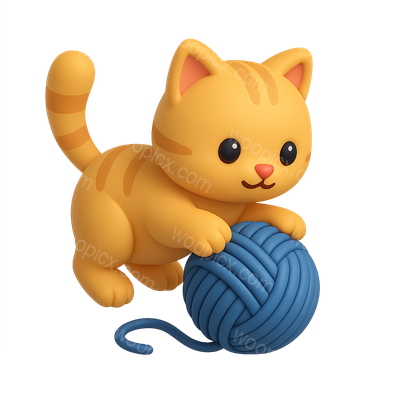 Adorable Kitten Playing with Yarn in 3D Style